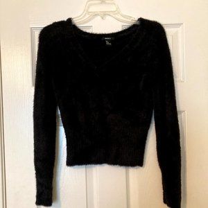 Forever 21 Fuzzy V-neck Black Sweater, size M